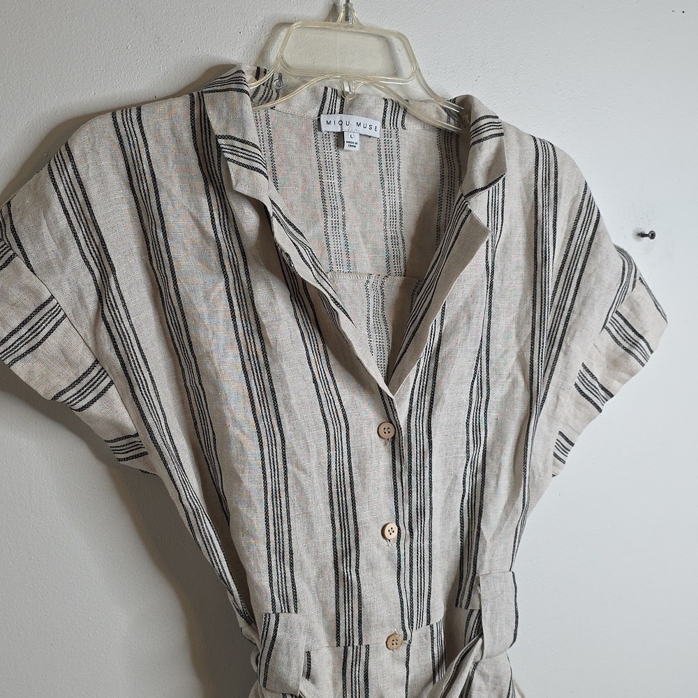 Miou Muse Linen Striped Button-Up Dress with Belt NWOT Large - Picture 3 of 6